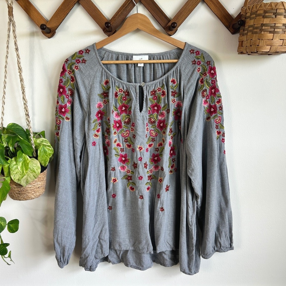 J. Jill XL Gray Floral Embroidered Peasant Blouse Long Sleeve Keyhole Top